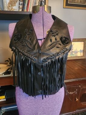 Women's Black Leather Fringe Vest with Floral Cutouts